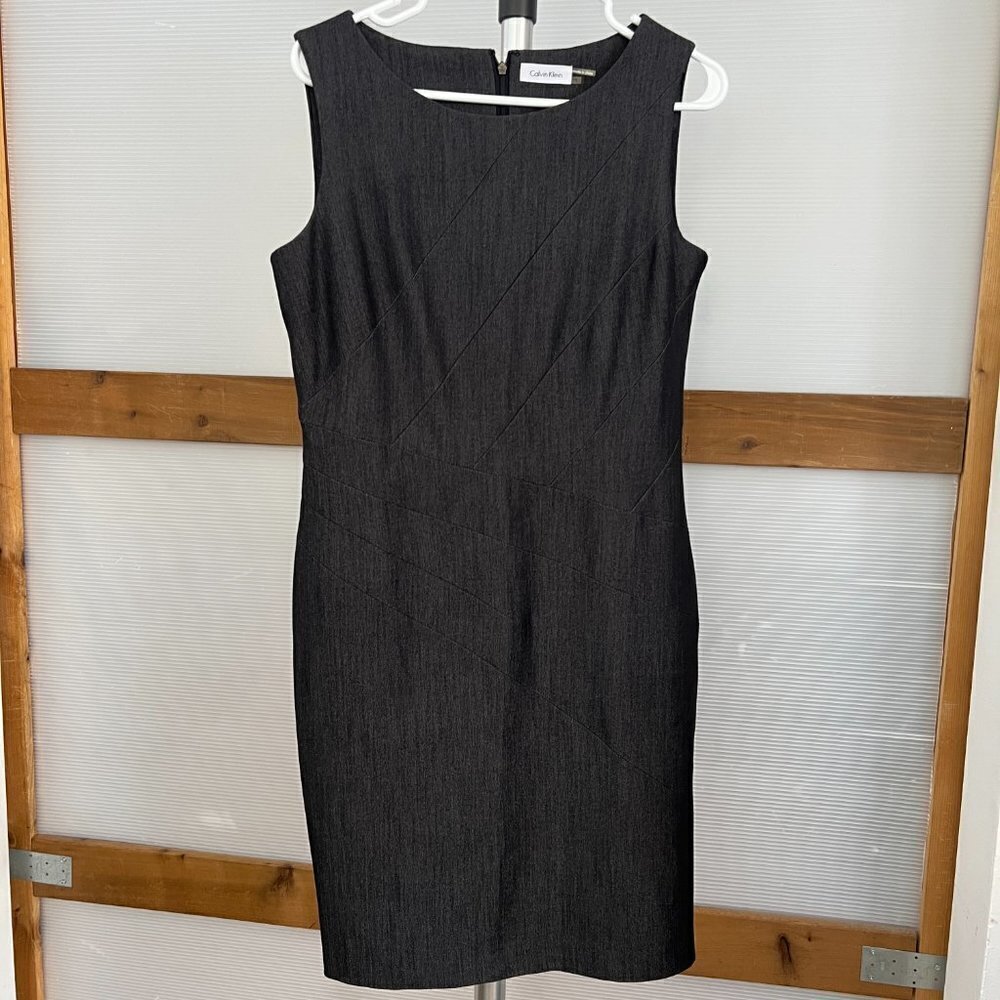 Calvin Klein Black Gray Denim Look Sleeveless‎ Sheath Midi Dress Sz 10